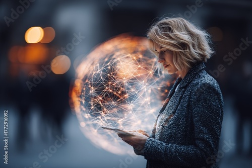 Woman explores digital connectivity in a busy urban environment during twilight hours