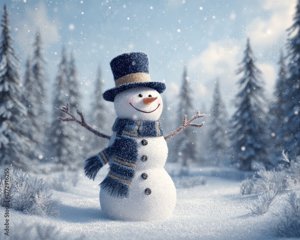 Fototapeta premium Whimsical Snowman in Winter Wonderland: Festive Holiday Scene with Snowy Forest and Cheerful Character