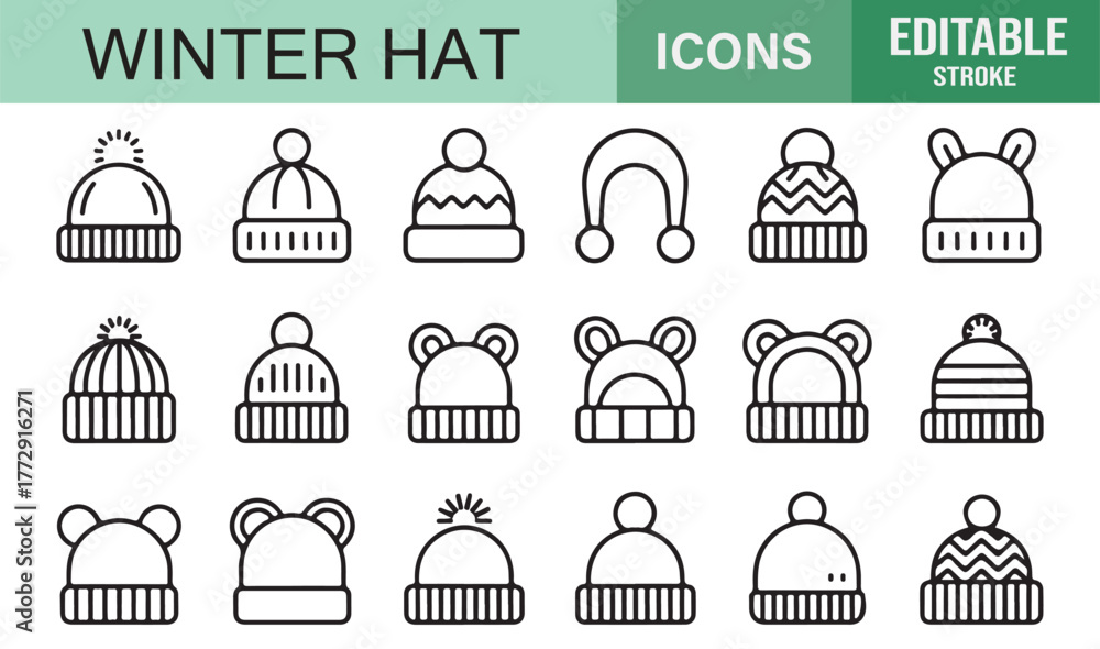 Fototapeta premium Fashionable Beanie and Pom Hat Outline Icons | Vector Editable Stroke for Apparel Branding