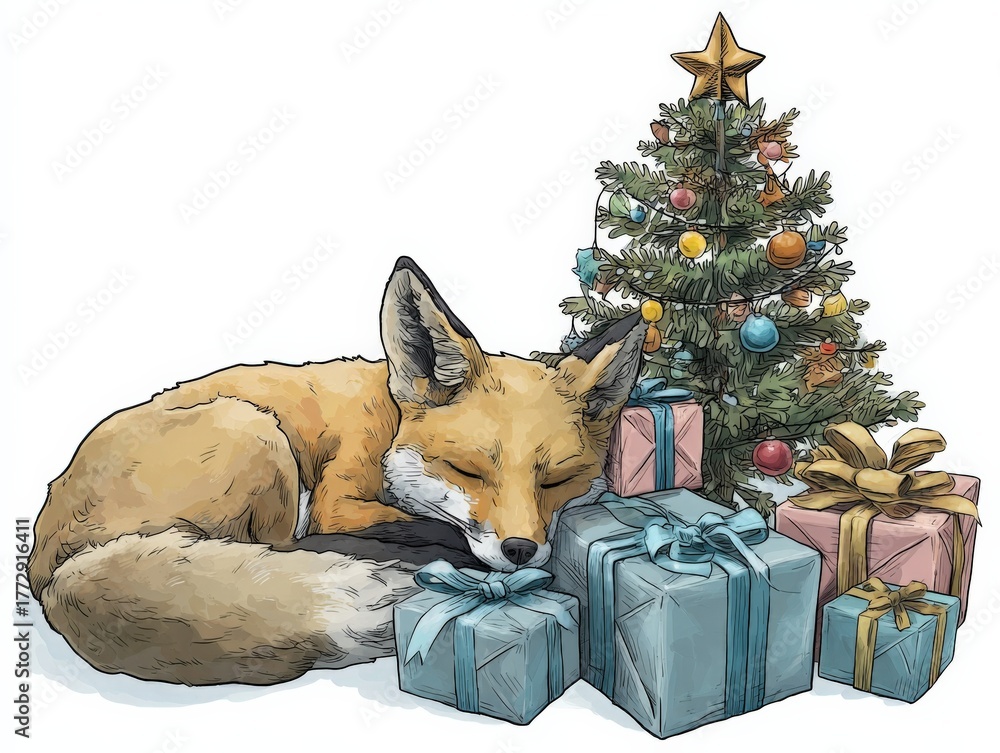 Obraz premium Cozy Christmas: Sleeping Fox Curled Up Beside a Decorated Christmas Tree with Festive Presents