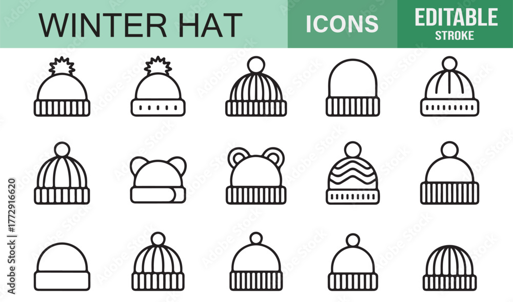 Fototapeta premium Knitted Wool Cap and Pom Pom Hat Icons | Vector Outline Collection for Winter Wear Illustration