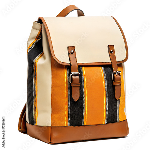 Colorful striped backpack with leather accents isolated on transparent background