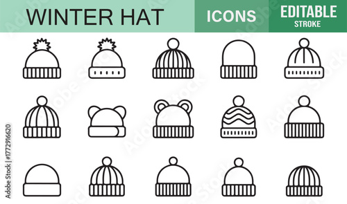 Knitted Wool Cap and Pom Pom Hat Icons | Vector Outline Collection for Winter Wear Illustration