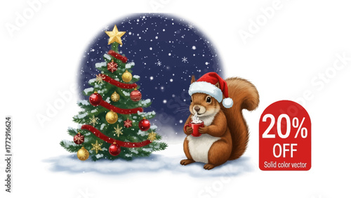 Festive Squirrel with Holiday Cheer: An adorable squirrel, adorned in a festive santa hat, sips from a cozy mug next to a decorated Christmas tree.