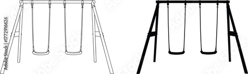Playground swing set vector illustration, children outdoor play equipment, silhouette and line drawing comparison, flat design, cad drawing flat vector illustration