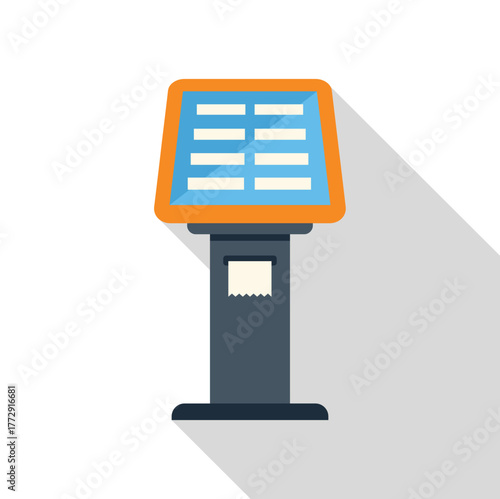 Self service terminal printing a receipt in a fast food restaurant, flat design icon with long shadow