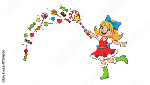 Candy Magic: A whimsical illustration of a joyful girl conjuring a sweet spell with a magic wand, surrounded by a delightful array of colorful candy and treats. 