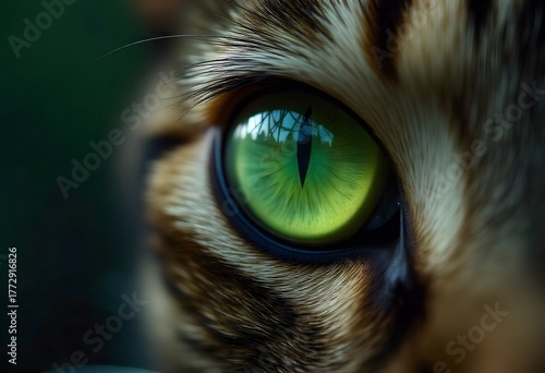 Extreme close-up of a vivid green cat eye with vertical pupil, reflecting a window structure, surrounded by striped tabby fur.