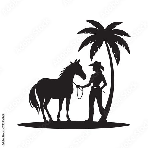 Cowgirl Holding Horse Reins On Palm Beach Silhouette