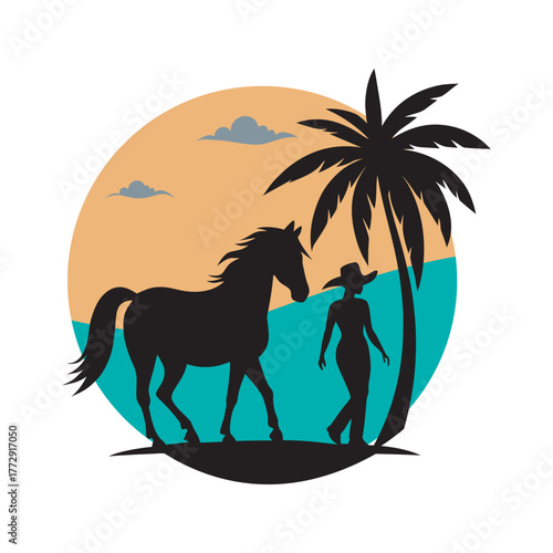 Cowgirl Leading Horse Along Palm Beach Shore Silhouette