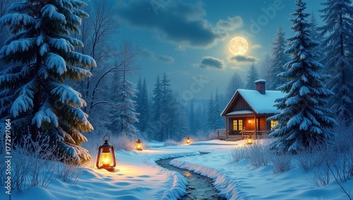 Fototapeta Naklejka Na Ścianę i Meble -  Atmospheric winter scene with snow-covered fir trees, lanterns along a path, and a distant cabin with warm glowing lights under a starry sky.