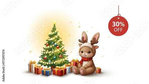 Festive Joy: A charming Christmas scene unfolds, featuring a decorated tree, gifts, and a adorable animal, celebrating the spirit of the season. 