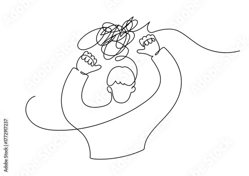 A person who drives away negative, difficult thoughts. Overthinking, worrying or ruminating concept. Continuous line drawing.