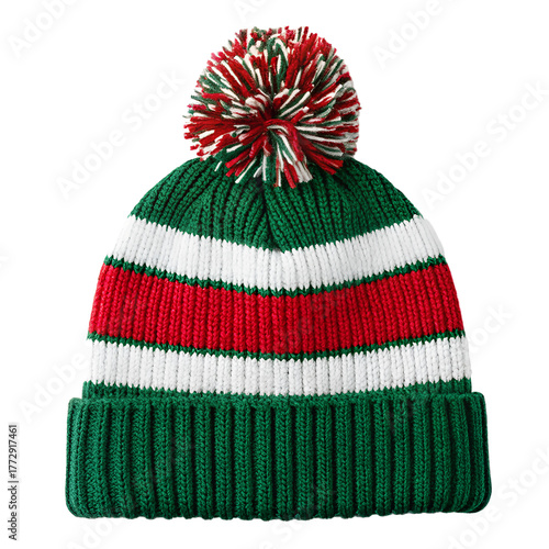 Green white and red striped knitted winter hat with pom pom isolated on transparent background