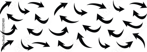 Different hand drawn curved arrows. Collection doodle marker curved arrows in different directions. Hand drawn vector direction pointers. Curved and wavy strokes arrows  texture pattern background