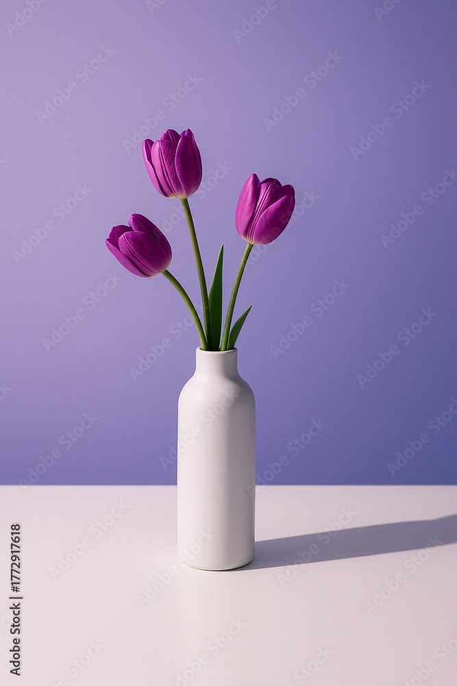 Fototapeta premium Three purple tulips in white vase on table