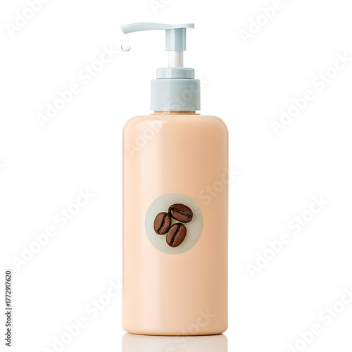 Peach colored pump bottle with coffee bean label isolated on transparent background