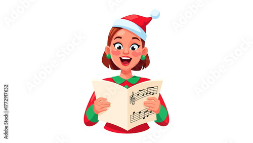 Christmas Caroler Joyfully Singing: A joyful woman adorned in a festive Christmas outfit sings carols from sheet music. Her expressive face and animated pose are perfect for holiday campaigns.