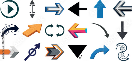 Diverse set of arrow graphics representing movement and direction