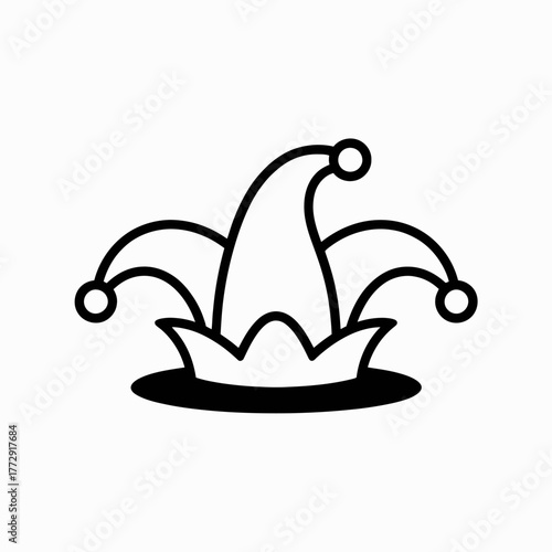 A jester's hat with three bells sits on a white background.