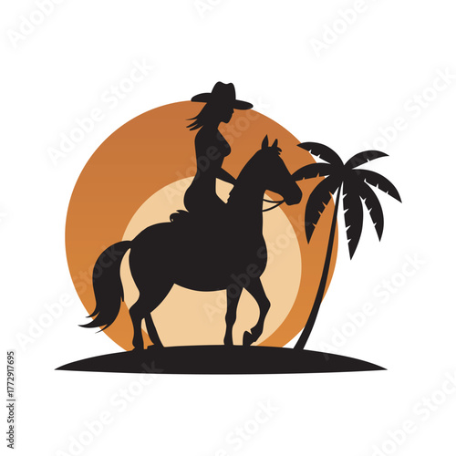 Cowgirl Sitting On Horse Under Palm Trees Silhouette
