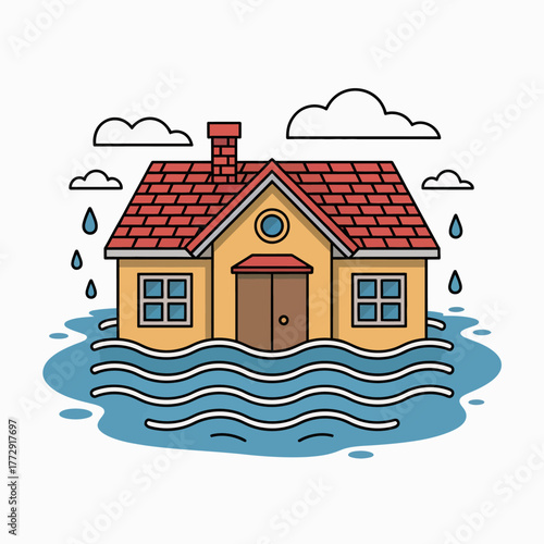 A house is submerged in floodwaters during a heavy rainfall.