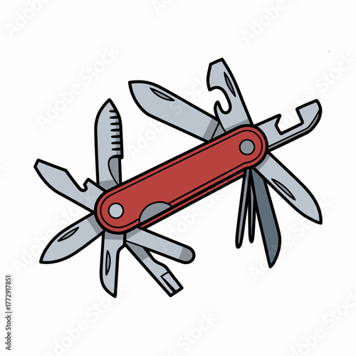 A multi-tool knife with several open blades and attachments is displayed on a white background.
