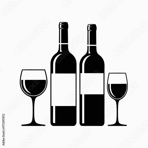 Two bottles of wine and two glasses are displayed against a white background.