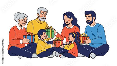 Gathering of Generations: A heartwarming illustration of a family seated together, exchanging colorful gifts, embodies the spirit of togetherness, generosity, and the timeless bond of family.