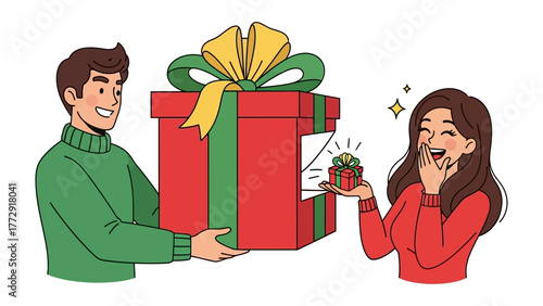 Gift of surprise: A moment of delight unfolds as a generous giver presents a wrapped present. The recipient gazes upon the small gift with astonishment, eyes sparkling.