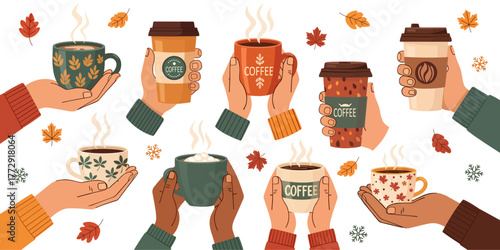 Autumn Cozy Coffee Cups in Hands – Flat vector illustration of various hands holding hot coffee cups and takeaway mugs. Warm autumn colors with falling leaves, cozy seasonal drink theme