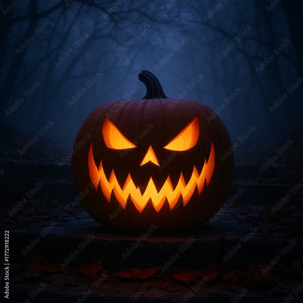 Fototapeta premium Glowing jack o lantern with menacing face in dark forest