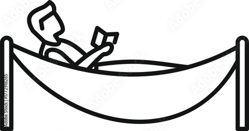 Simple line drawing of a man relaxing in hammock and reading a book
