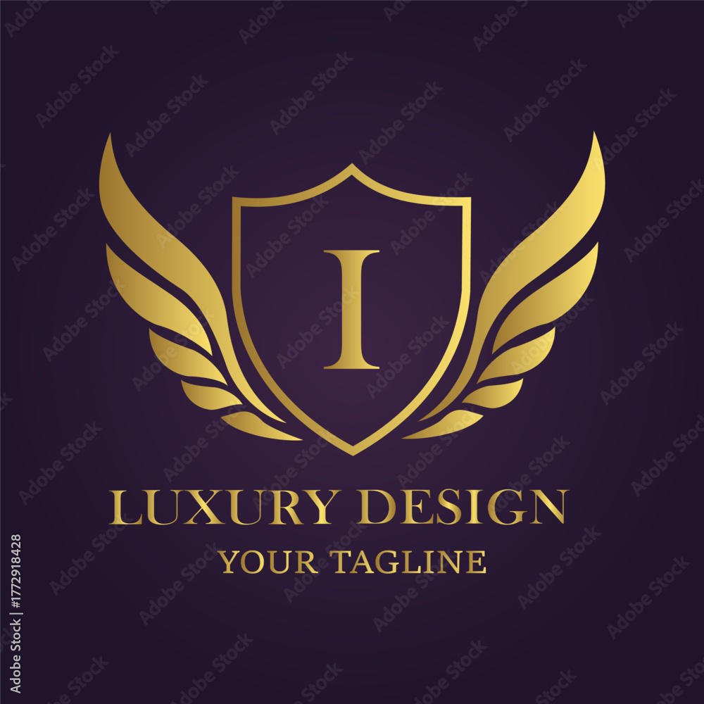 Obraz premium Elegant golden shield with wings and letter i, symbolizing luxury, prestige, and exclusive design for branding and corporate identity