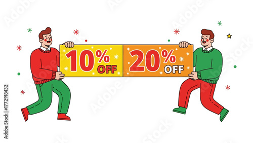 Discount Deal: Two individuals proudly present a promotional banner, showcasing tempting percentage discounts, set against a backdrop of festive adornments that elevate the appeal.