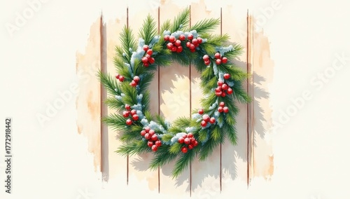 Festive watercolor wreath with pine branches, red berries, and subtle snow dusting on a wooden door, minimal background with space for text.