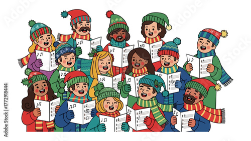 Winter Chorus: A harmonious choir of diverse individuals, donned in festive attire, share melodic tunes under a blanket of winter charm. A vivid display of holiday spirit and unity.