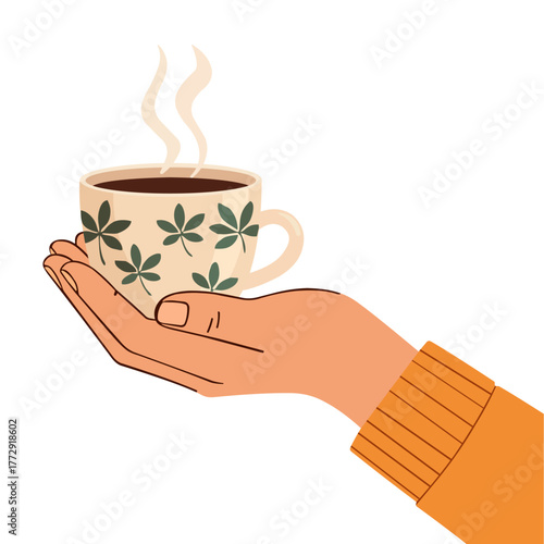 Autumn Cozy Coffee Cups in Hands – Flat Vector Illustration of Hot Drinks and Fall Leaves