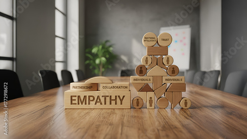 Wooden blocks symbolizing empathy and partnership, representing emotional intelligence, trust, and understanding in workplace leadership. This concept illustrates how empathy strengthens team collabor