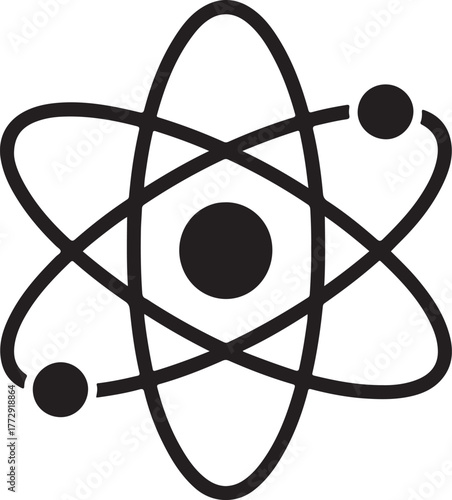 Isolated atom symbol icon, orbiting electrons nucleus vector, editable science chemistry physics design, minimal clean educational and research icons for STEM buyers