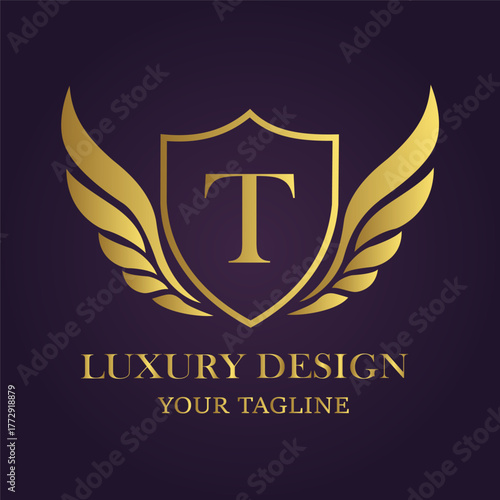 Sophisticated golden shield with wings and letter t, symbolizing prestige, heritage, and highend services, ideal for corporate identity
