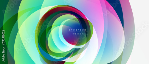 Abstract colorful layers create dynamic circular design. Vibrant hues blend, forming modern background element. Smooth gradients suggest movement.