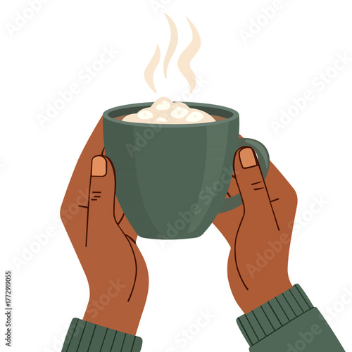 Autumn Cozy Coffee Cups in Hands – Flat Vector Illustration of Hot Drinks and Fall Leaves