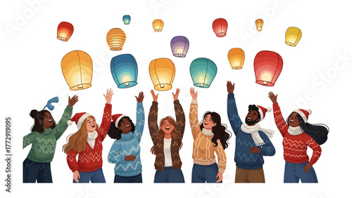 Sky Lanterns Celebration: A diverse group of individuals joyfully release colorful sky lanterns into the night sky, creating a spectacle of shared celebration and hope.