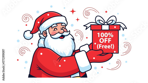 Santa Claus with Gift: Santa Claus, a jovial figure, extends a festive gift box in a cheerful gesture, the image evoking the spirit of giving and seasonal cheer.