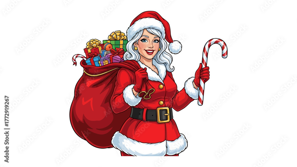 Obraz premium Jolly Christmas Woman: A woman, dressed in a festive Santa suit, stands poised, holding a candy cane and a sack overflowing with delightful presents.