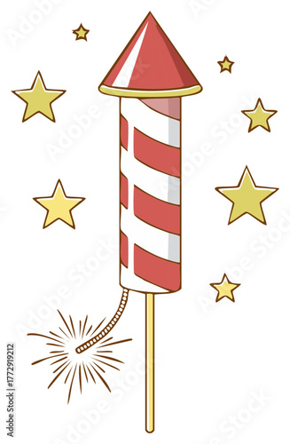 Cartoon firework with lit fuse and stars, Fourth of July holiday celebration