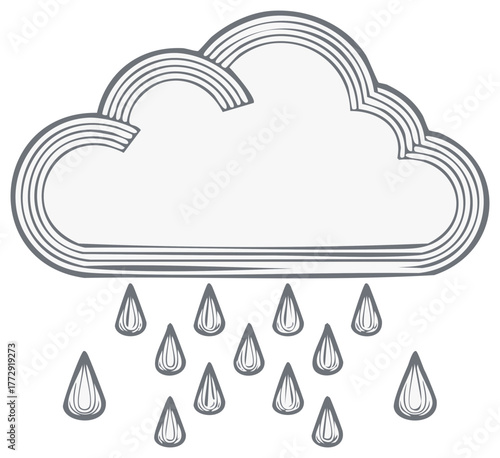 Stylized rain cloud with falling raindrops in a hand drawn line art style