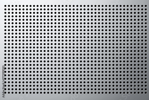 Silver perforated metal sheet with uniform circular grid, abstract industrial background, front view with gradient lighting