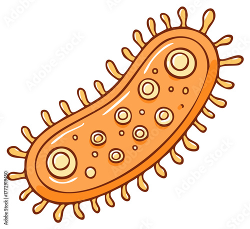 Cartoon Illustration of a Stylized Bacteria Cell with Flagella and Internal Features